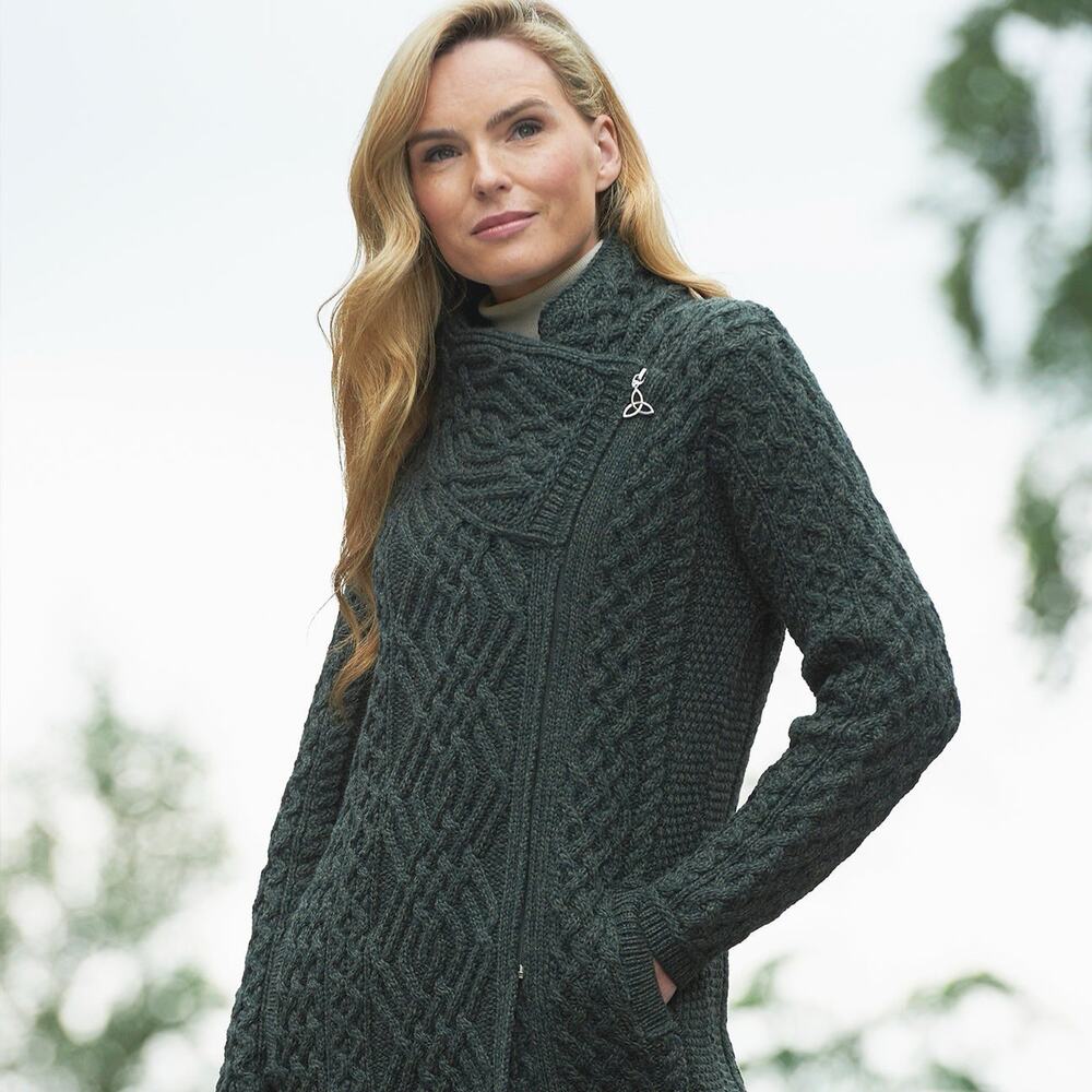 Aran Crafts Irish Cable Knit Merino Wool Side Zip Long Biker Cardigan Green Sz M